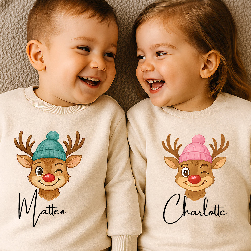 Personalisierbarer Baby-Pullover mit Rentiermotiv aus 85% Baumwolle in Bio-Qualität
